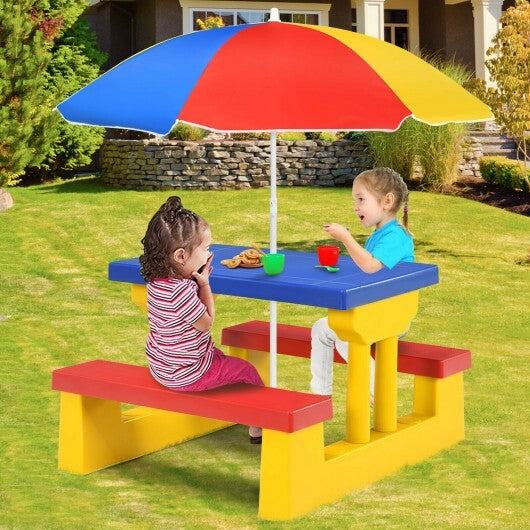 Kids Picnic Folding Table and Bench with Umbrella-Yellow - Color: Yellow