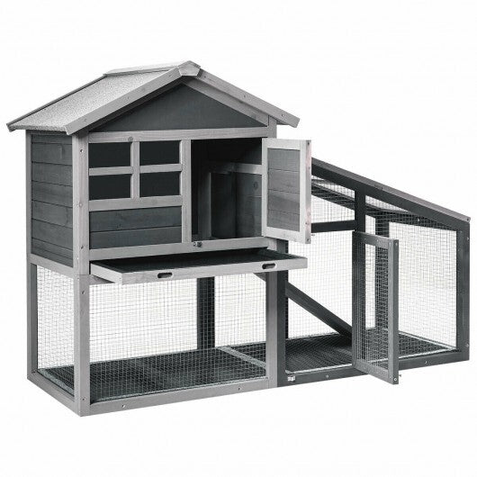 56.5 Inch Length Wooden Rabbit Hutch with Pull out Tray and Ramp - Color: Gray - Minihomy