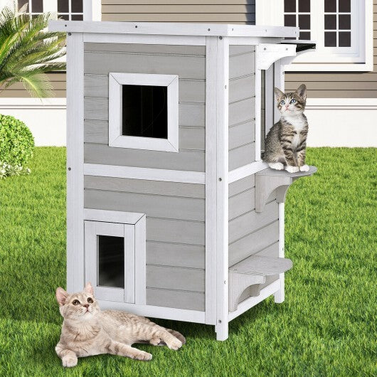 2-Story Wooden Cat House with Escape Door Rainproof - Color: Gray & White