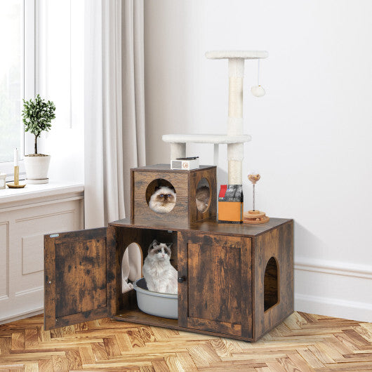 Cat Tree with Litter Box Enclosure with Cat Condo-Rustic Brown - Color: Rustic Brown - Minihomy