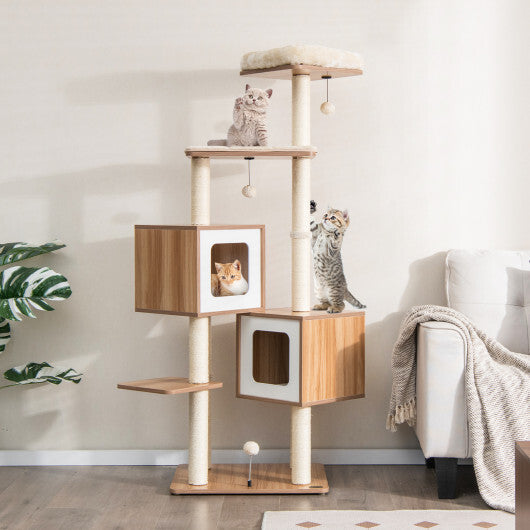 Modern Wooden Cat Tree with Perch Condos and Washable Cushions-Natural - Color: Natural - Minihomy