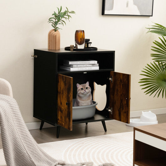 Industrial Cat Litter Box Enclosure with Entry and Open Compartment-Rustic Brown - Color: Rustic Brown