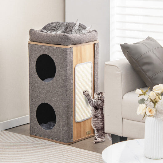 3-Story Cat House with Scratching Board for Indoor Cats - Color: Gray - Minihomy