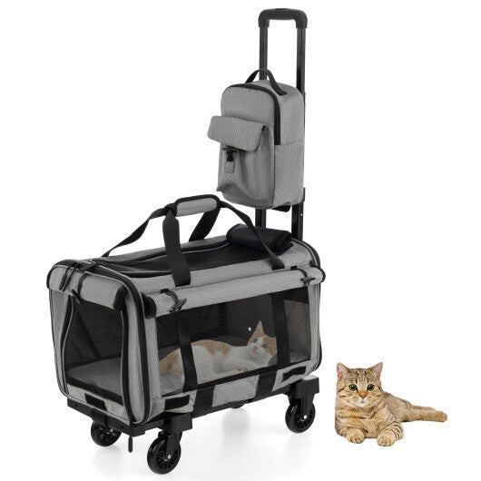 Rolling Cat Carrier with Dual-use Pads and Litter Bag-Gray - Color: Gray