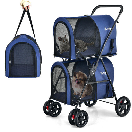 4-in-1 Double Pet Stroller with Detachable Carrier and Travel Carriage-Beige - Minihomy