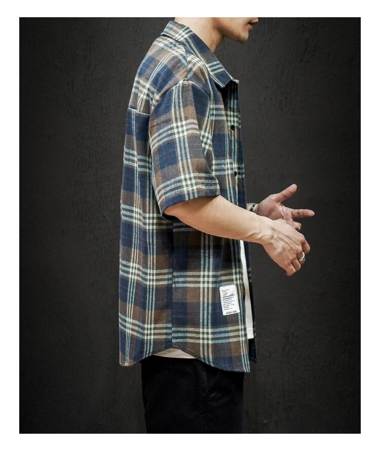 Men's Oversized Casual Short-sleeved Plaid Shirt - Minihomy