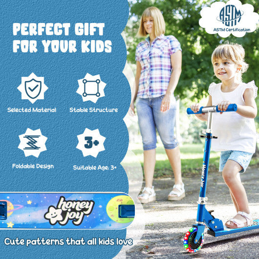 Folding Kick Scooter with 3 Adjustable Heights for Kids-Blue - Color: Blue - Minihomy