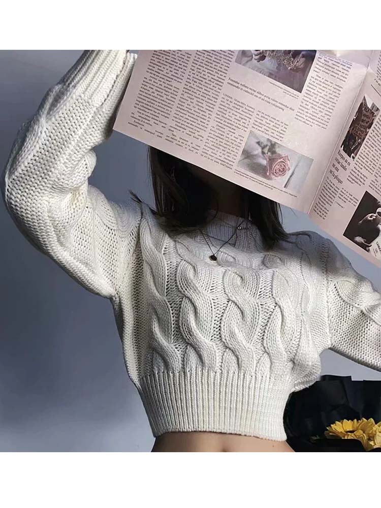 High Waist Short Sweater Women Pullover Long Sleeve Knit Sweater Top - Minihomy