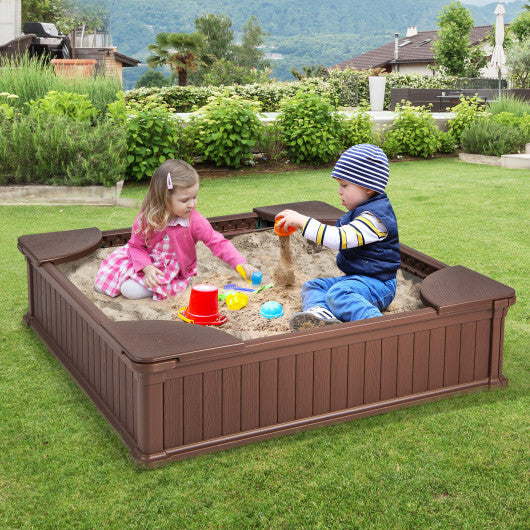 Kids Outdoor Sandbox with Oxford Cover and 4 Corner Seats-Brown - Color: Brown - Minihomy