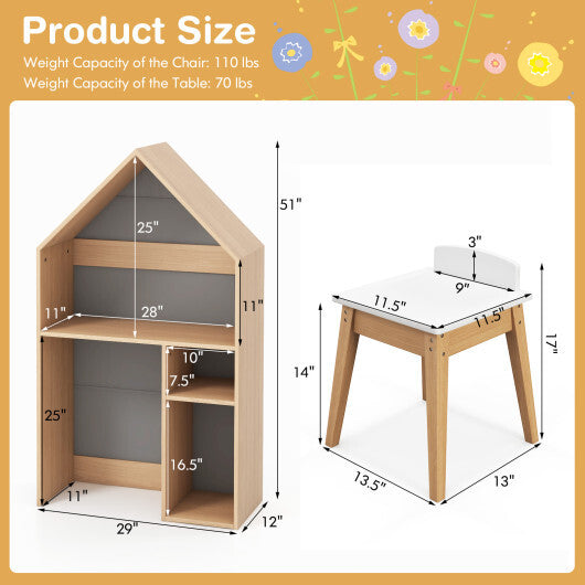 2-in-1 Kids House-Shaped Table and Chair Set-Gray - Color: Gray - Minihomy