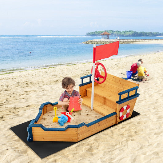 Kids Pirate Boat Wooden Sandbox Children Outdoor Playset - Color: Natural