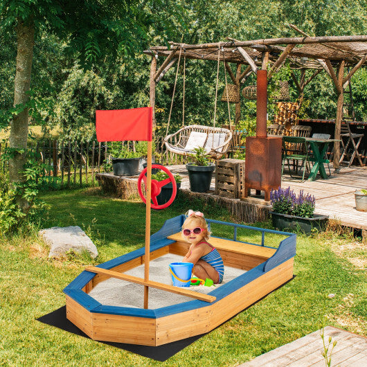 Kids' Pirate Boat Sandbox with Flag and Rudder - Color: Natural - Minihomy