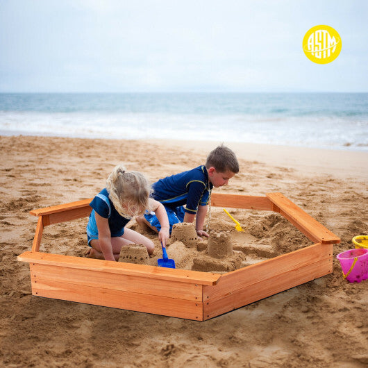 Hexagon Wooden Cedar Sand Box with Seat Boards - Minihomy