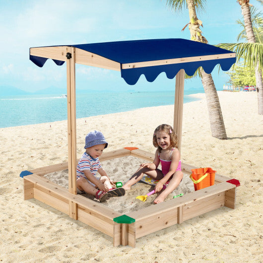 Kids Wooden Sandbox with Height Adjustable and Rotatable Canopy Outdoor Playset - Color: Natural