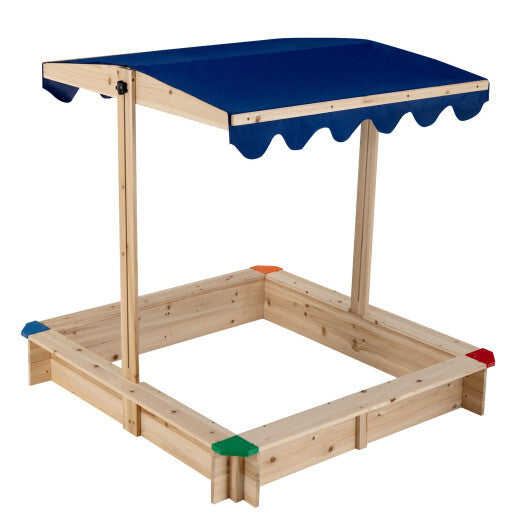 Kids Wooden Sandbox with Height Adjustable and Rotatable Canopy Outdoor Playset - Color: Natural