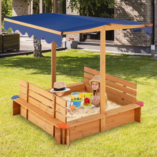 Kids Wooden Sandbox with Canopy and 2 Bench Seats - Minihomy