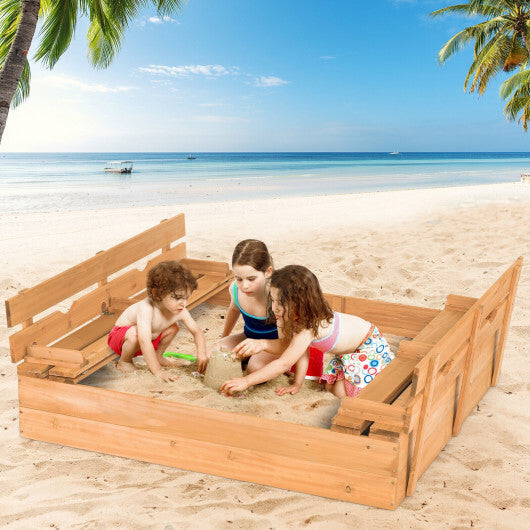 Kids Wooden Sandbox with 2 Foldable Bench Seats - Minihomy