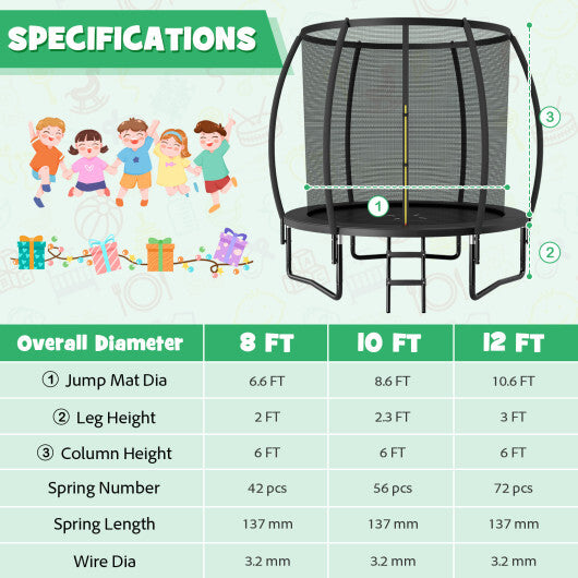 8 Feet ASTM Approved Recreational Trampoline with Ladder-Black - Color: Black - Size: 8 ft - Minihomy