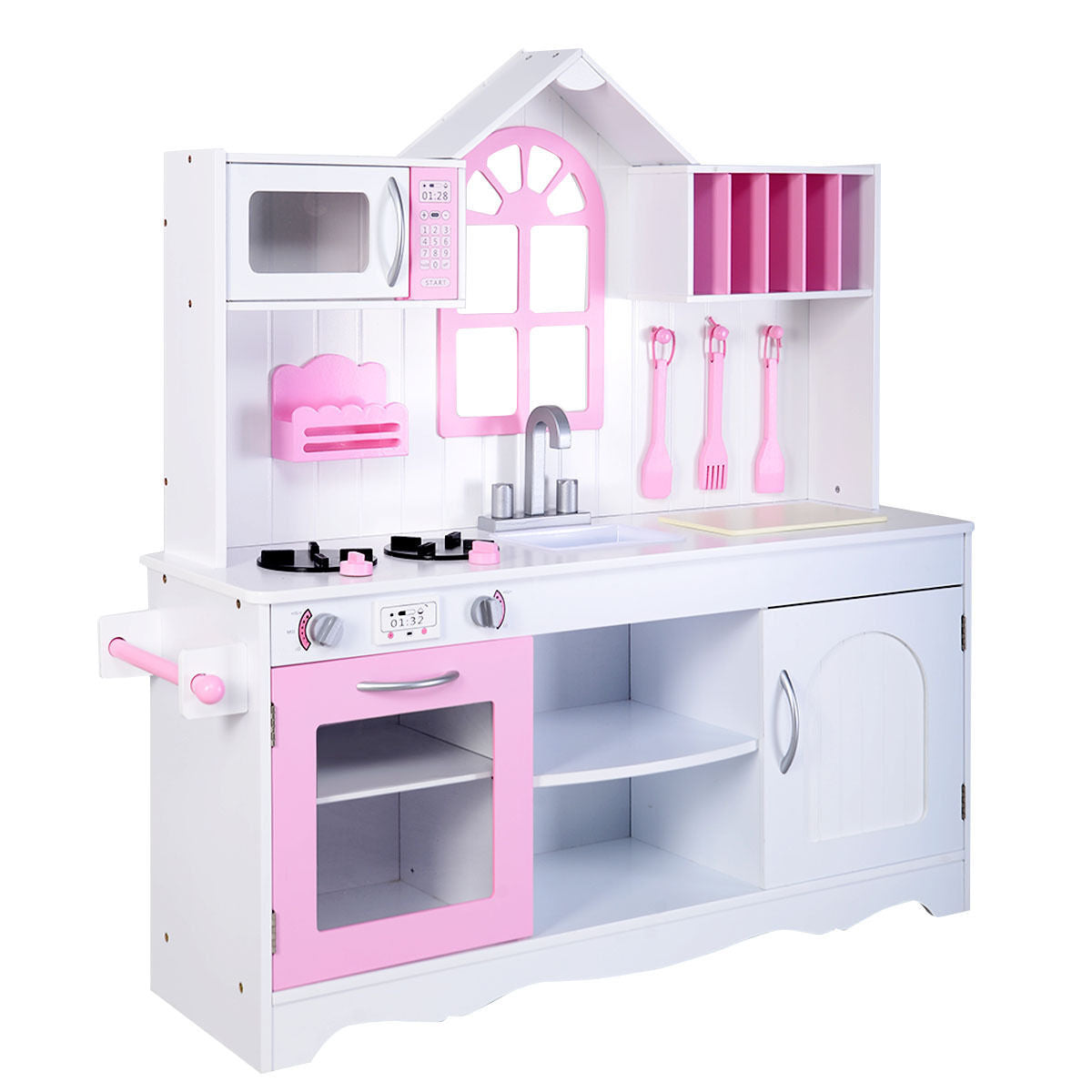 Wood Toy Kitchen Kids Cooking Pretend Play Set - Color: White