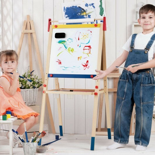 All-in-One Wooden Height Adjustable Kid's Art Easel with Magnetic Stickers and Paper - Minihomy