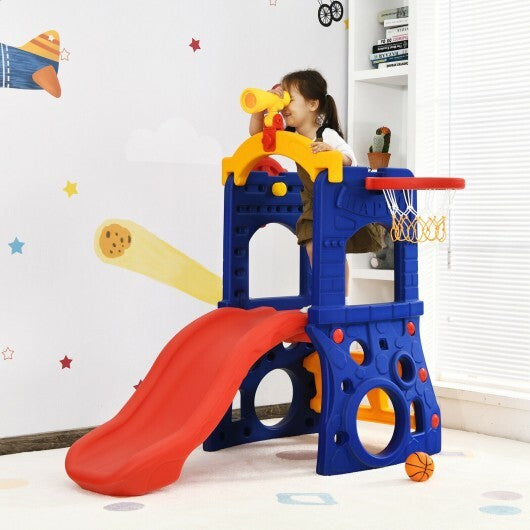 6-in-1 Freestanding Kids Slide with Basketball Hoop and Ring Toss - Color: Multicolor - Minihomy