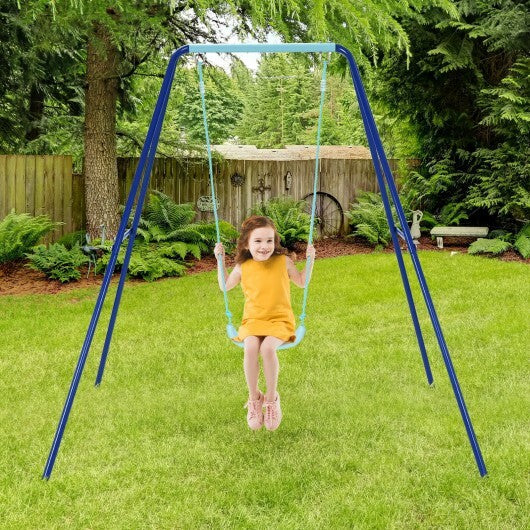 Outdoor Kids Swing Set with Heavy-Duty Metal A-Frame and Ground Stakes-Blue - Color: Blue - Minihomy