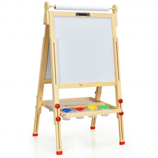 Kids Art Easel with Paper Roll Double-Sided Regulable Drawing Easel Plank - Color: Natural