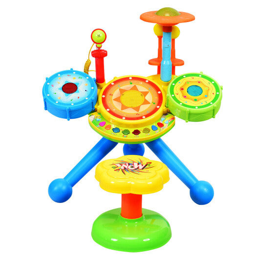 Kids Electric Jazz Drum Set with Stool Microphone and LED Light - Minihomy