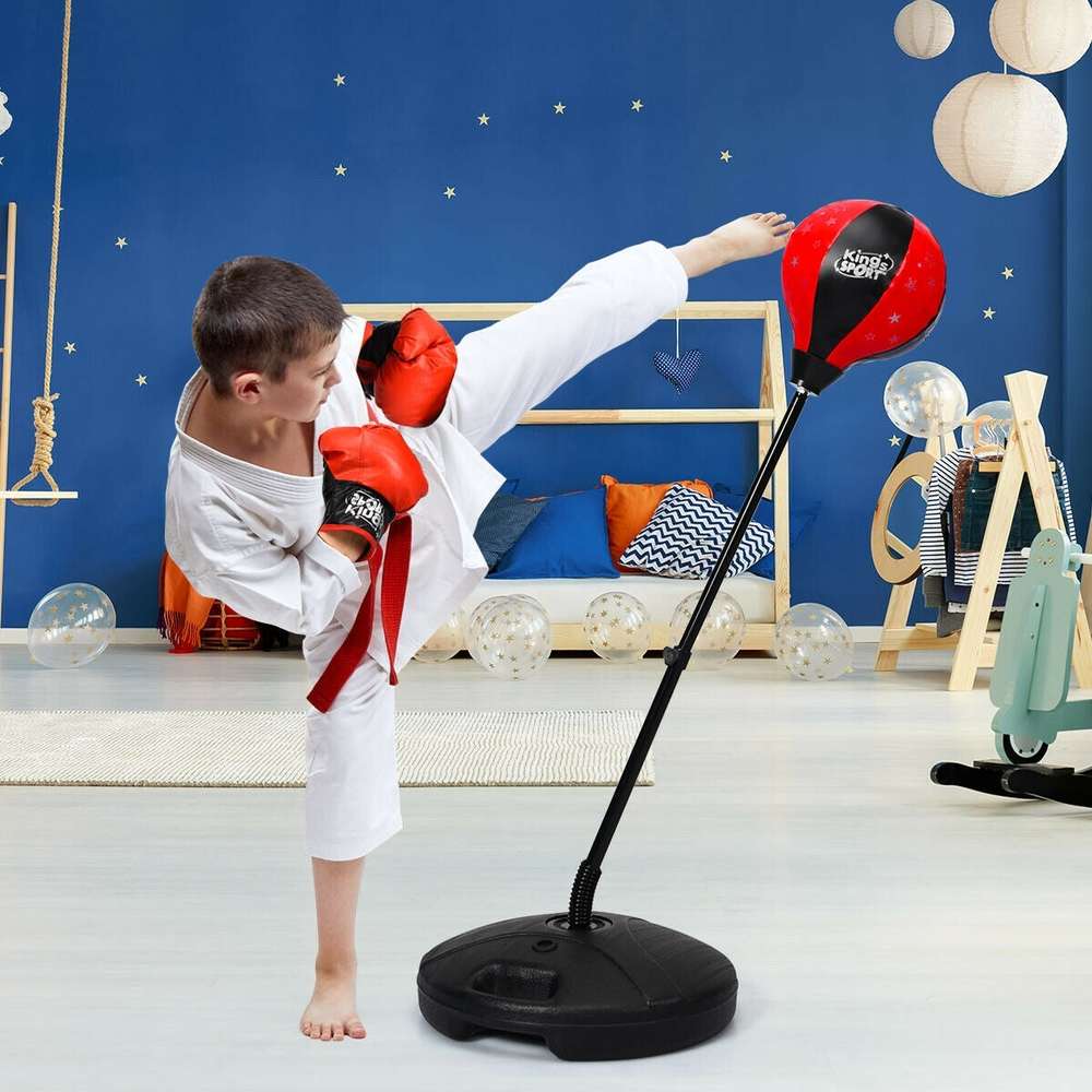 Kids Adjustable Stand Punching Bag Toy Set with Boxing Glove - Color: Black & Red - Minihomy