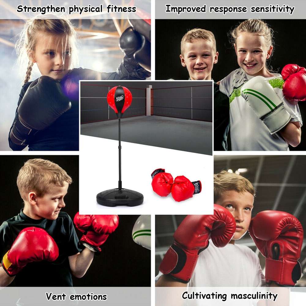 Kids Adjustable Stand Punching Bag Toy Set with Boxing Glove - Color: Black & Red - Minihomy