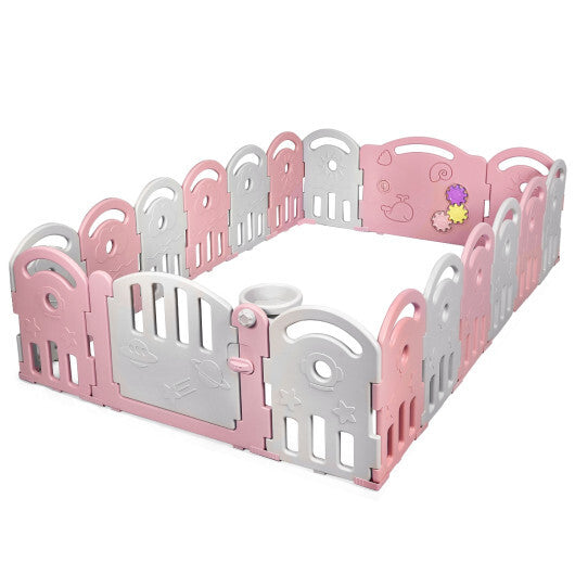 18-Panel Baby Playpen with Music Box & Basketball Hoop-Pink - Color: Pink - Minihomy