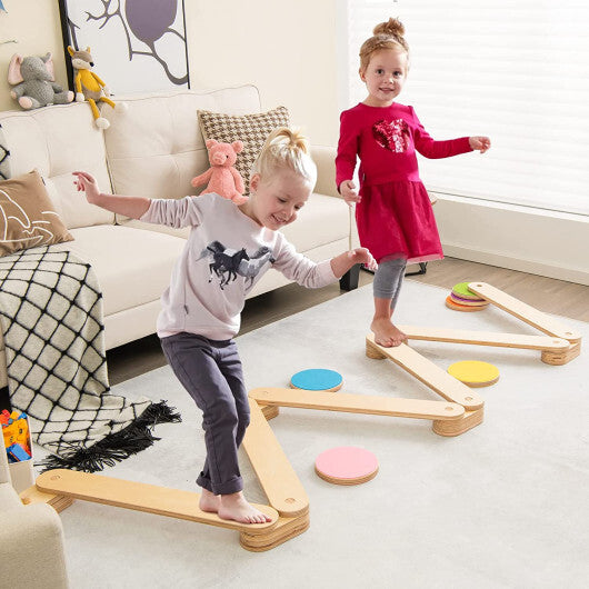 12-Piece Kids Wooden Balance Beam with Colorful Steeping Stones - Color: Natural