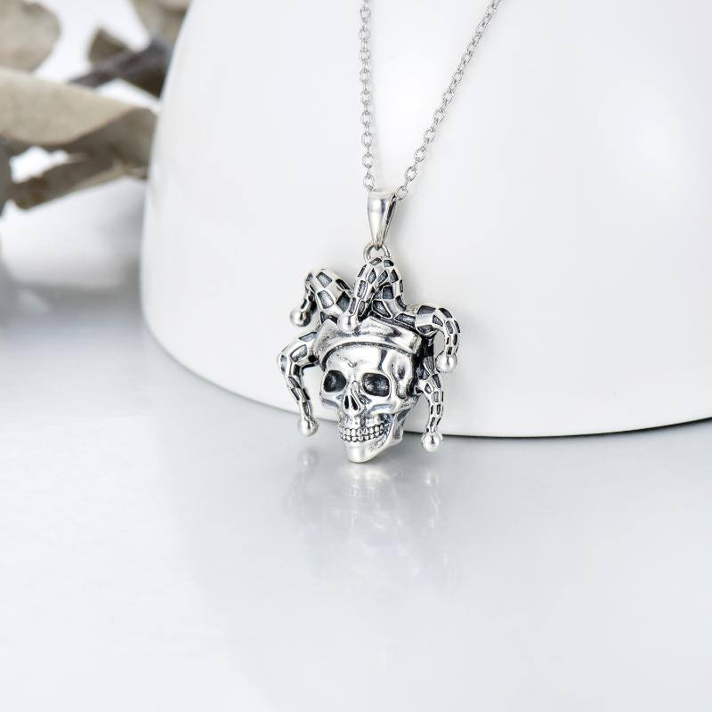 Sterling Silver Retro Gothic Skull Necklace Clown Hat Halloween Necklace for Women Man