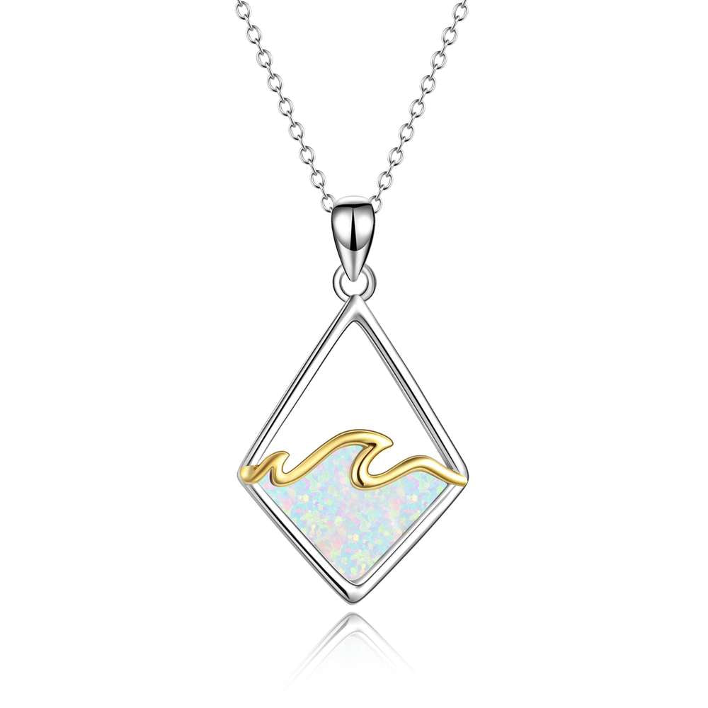 Opal Wave Necklace Sterling Silver Ocean Wave Necklace Created Opal Pendant Ocean Jewelry Beach Gifts for Women - Minihomy