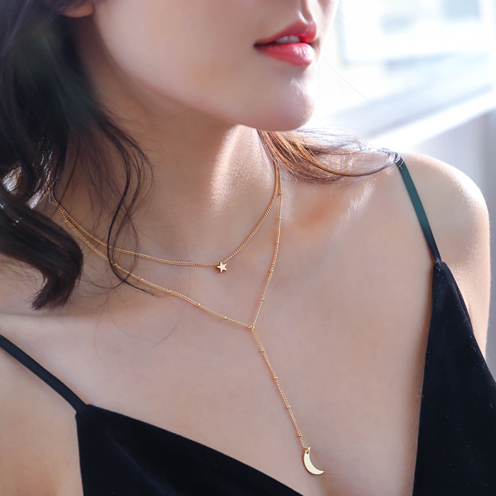 Copper Star Moon Y-shaped Multilayered Chain Necklace - Minihomy