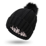 Stretchy Satin Lined Skull Knit Hats Beanie Hat For Women Faux Fur Pom Pom Hat Winter Keep Warming Beanie Hat