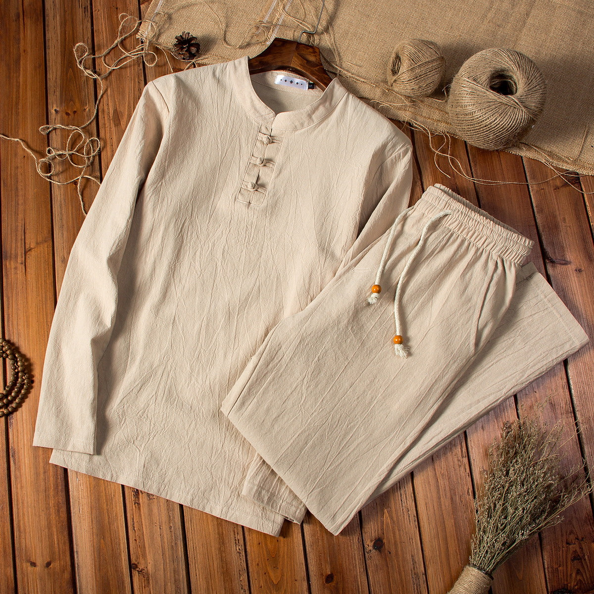 Chinese Style Cotton And Linen Autumn Men's Long-sleeved Trousers Suit