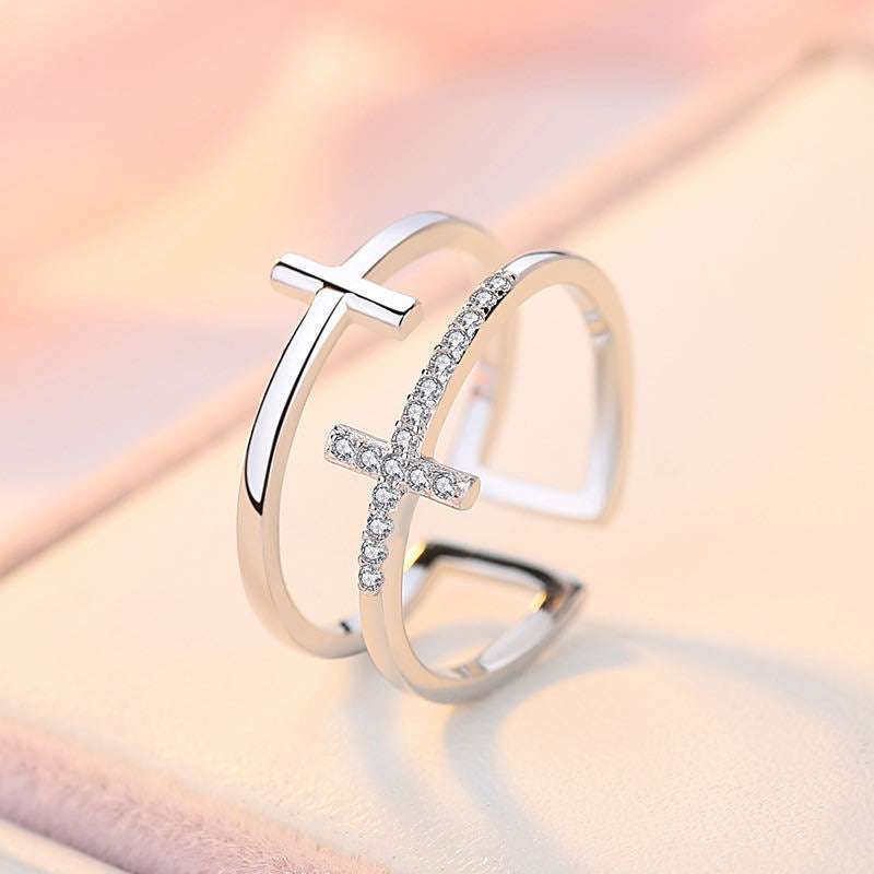 Double Cross Miniature Copper Inlaid Zircon Ring - Minihomy