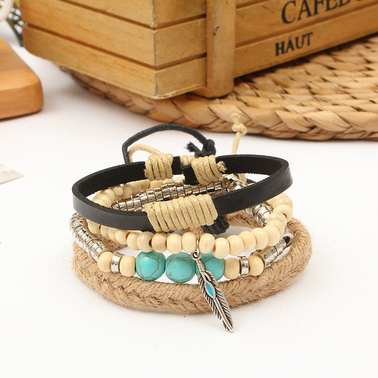 Simple Cowhide Bracelet Color Retro Ethnic Style Beaded Weaving