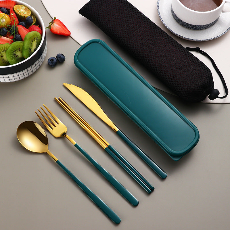 304 Dinnerware Set Flatware Kitchen Accessories Camping Travel Sets Gold Knife Fork Spoon Portable Cutlery Sets With Case - Minihomy