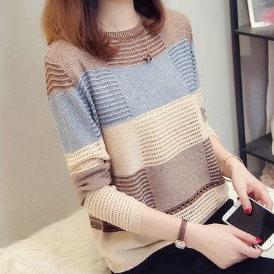 Women's Korean Style Color Matching Loose Striped Long Sleeves