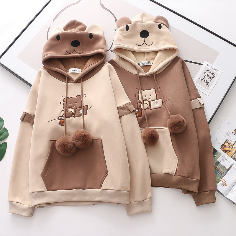 Hooded Bear Embroidery Plus Velvet Sweater Loose And Thin Coat Women - Minihomy