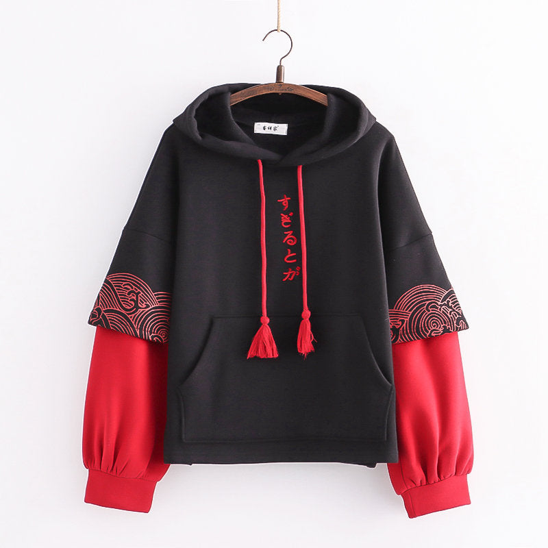 Embroidered Sleeves Wave Print Contrast Color And Velvet Padded Pullover Sweater Women