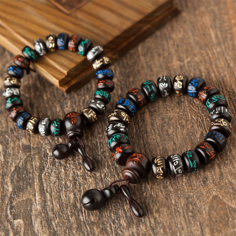 Six Character Mantra Buddha Beads Peach Wood Bracelet