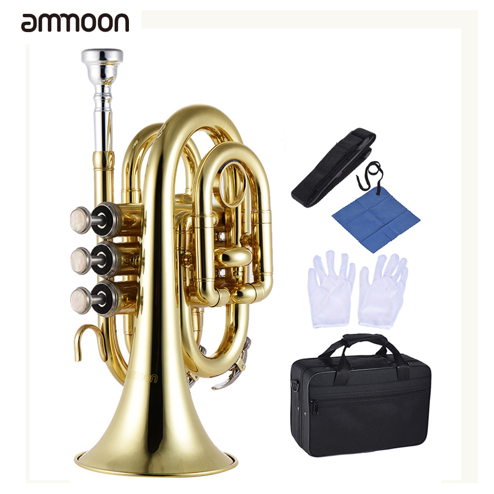 ammoon Professional Pocket Trumpet Tone Flat B Bb Brass Wind Instrument with Mouthpiece Gloves Cloth Brush Grease Hard Case - Minihomy