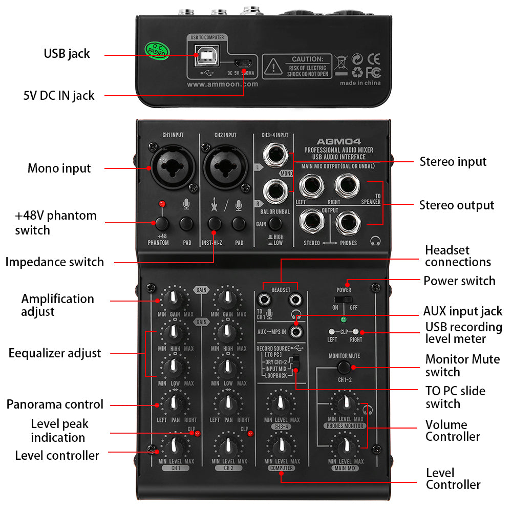 4-Channel 2-band EQ 48V Sound Mixing Console Digital Audio Mixer - Minihomy