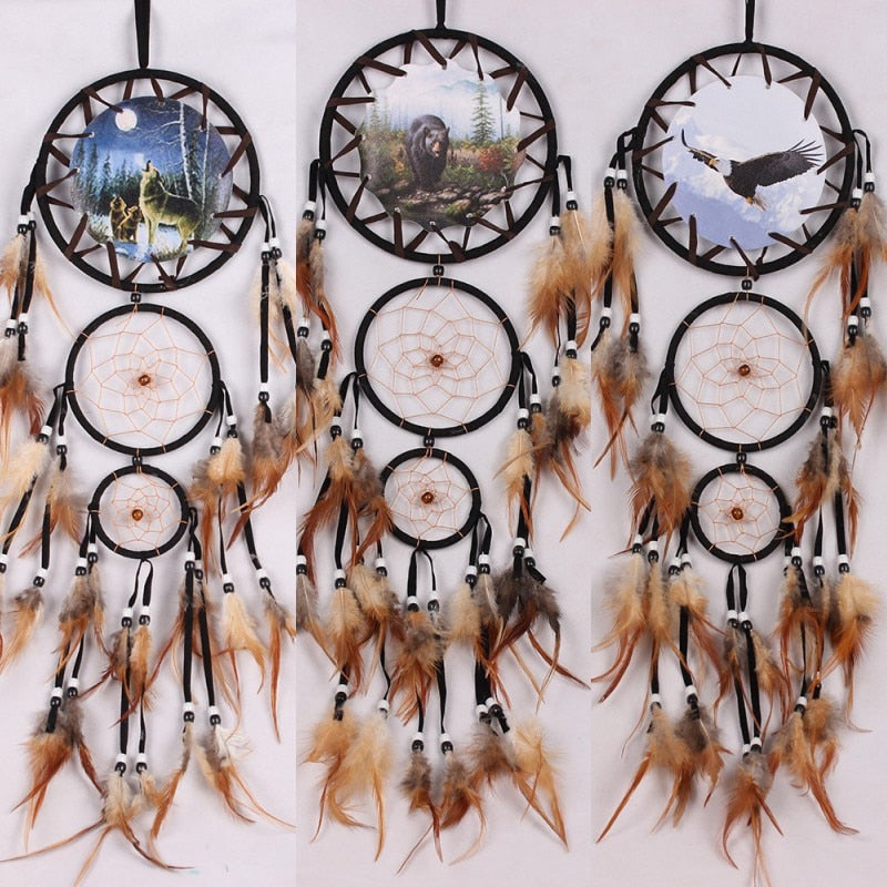 Handmade Feather Dream Catcher Brown Wolf Pattern Wind Chimes For Wall Hanging Ornments Car Home Decoration