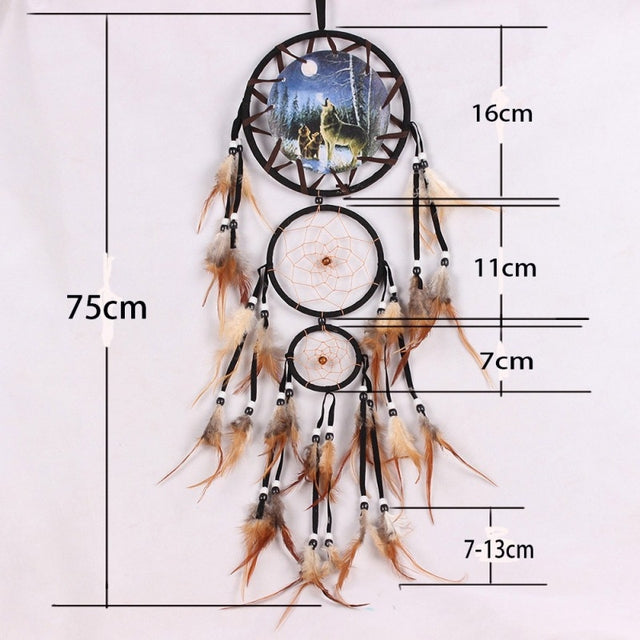 Handmade Feather Dream Catcher Brown Wolf Pattern Wind Chimes For Wall Hanging Ornments Car Home Decoration - Minihomy